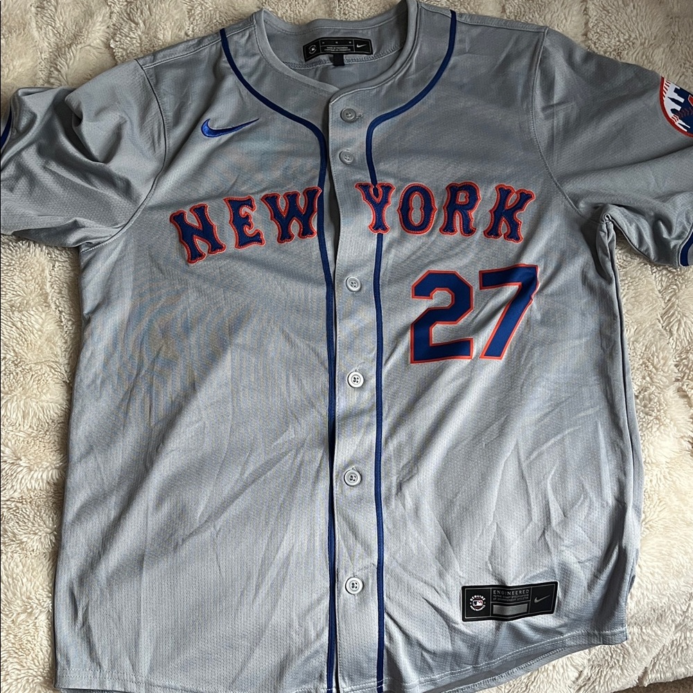 Nike Gray New York #27 Baseball Jersey with Blue & Orange Accents